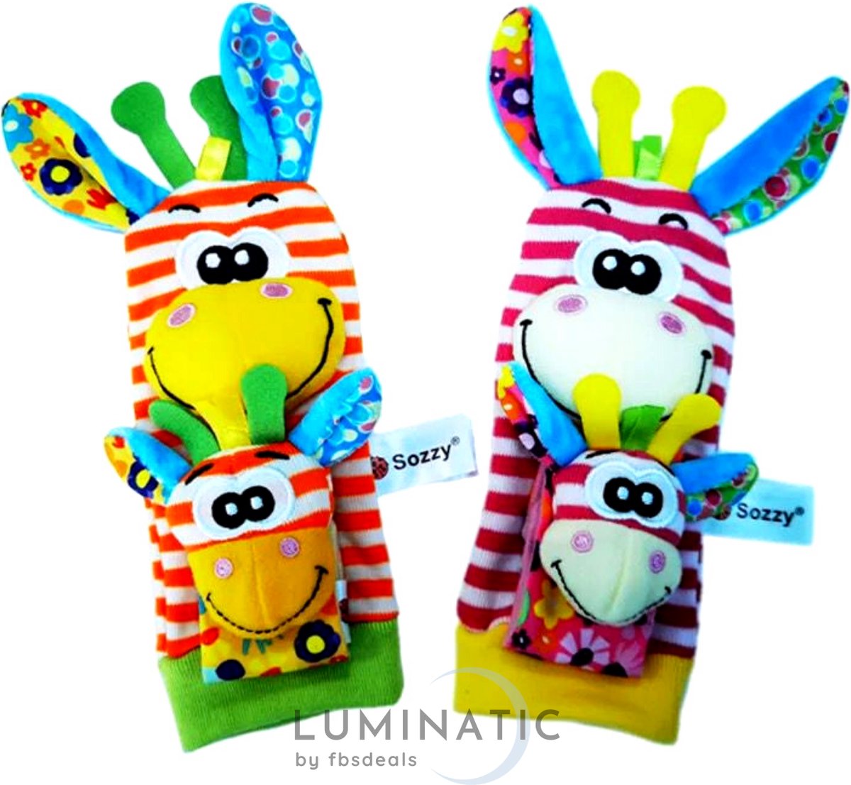 Baby Rammelaar - Rammelaar Sokjes en Armbandjes - Pols en Voetrammelaar - Speel en Voetzoeker Sokken - Baby Sokjes - Pluche Knuffels - Rammelaar - Belletjes | Luminatic® | Zebra & Giraffe 2 | 1 Set, 4 Stuks